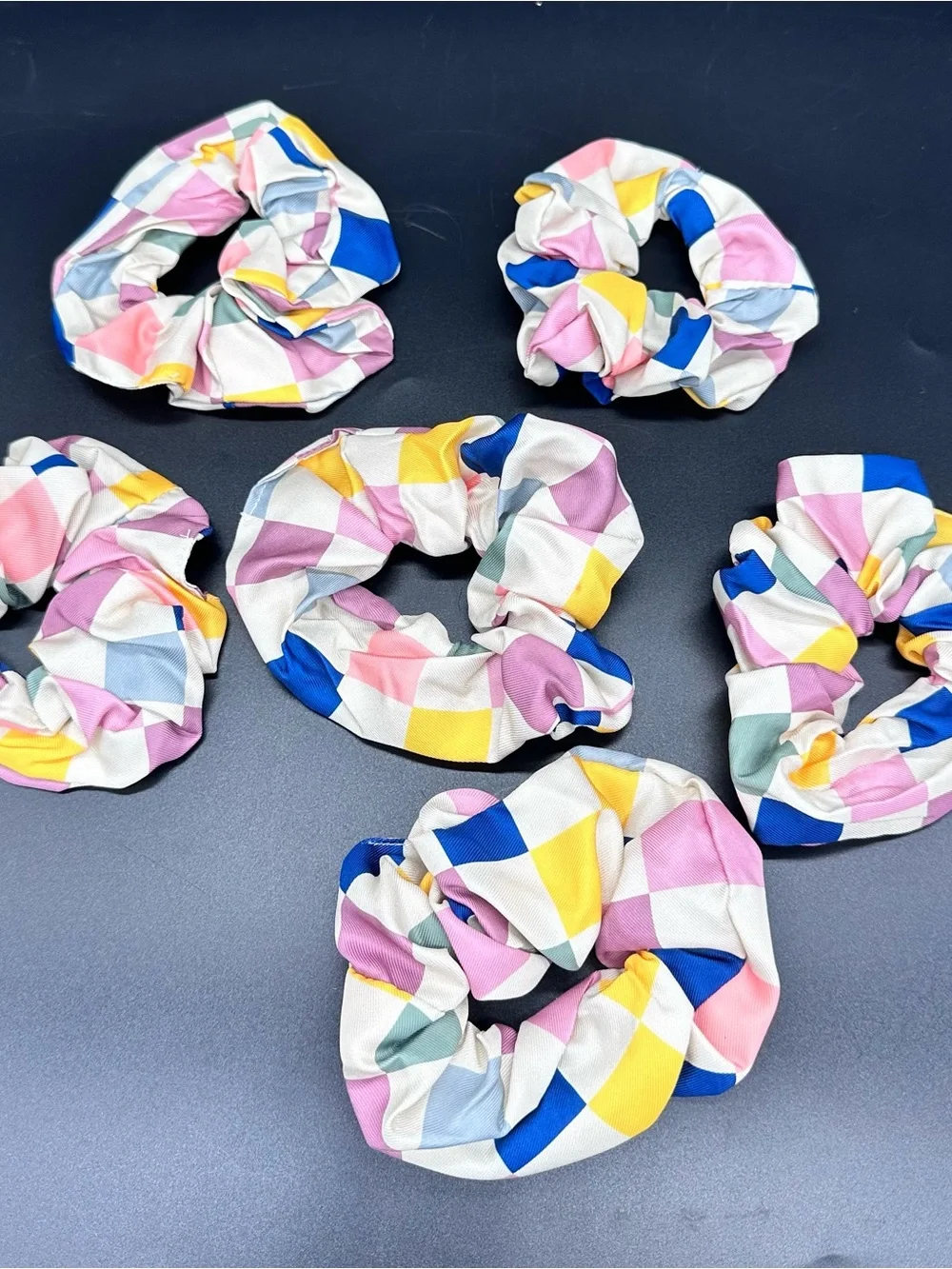 Lot of 6 Pastel Checkerboard Hair Scrunchies Colorful Plaid Checkered Elastic